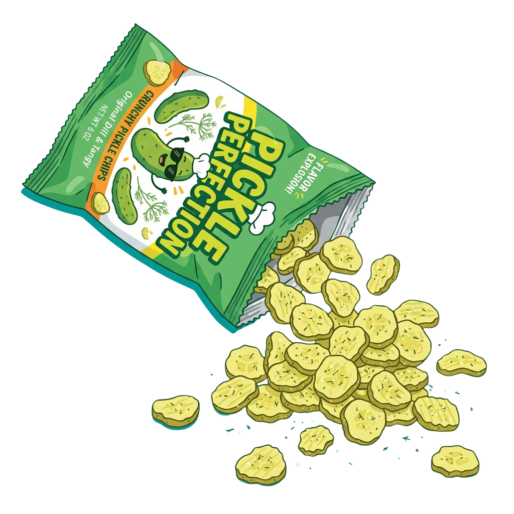 Illustration of a bag of dill pickle flavor chips spilling out round yellow chips onto a black background