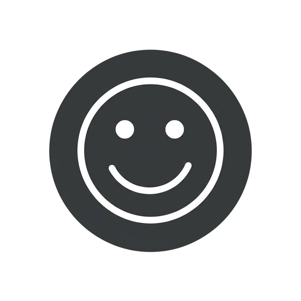 A simple black and white smiley face icon with a broad smile and two dots for eyes