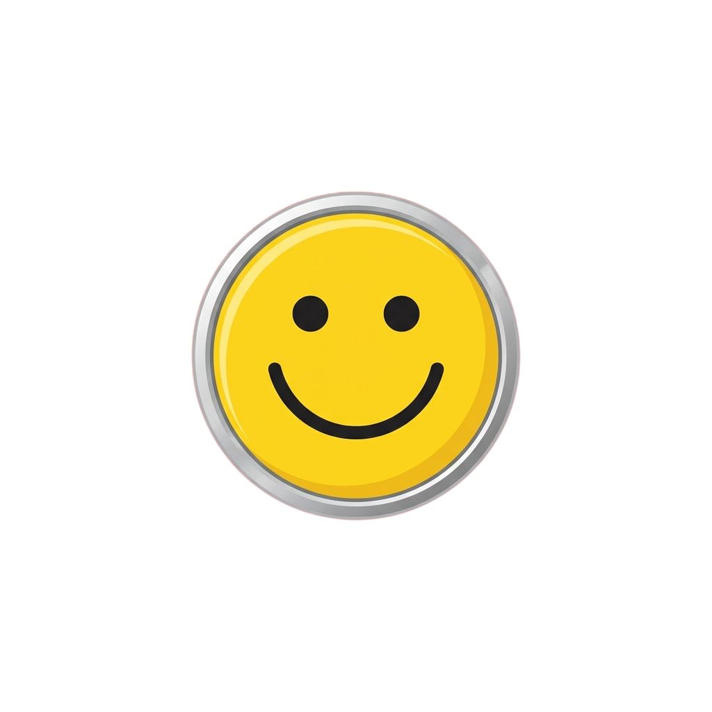 Bright yellow smiley face with a broad smile and two black dots for eyes