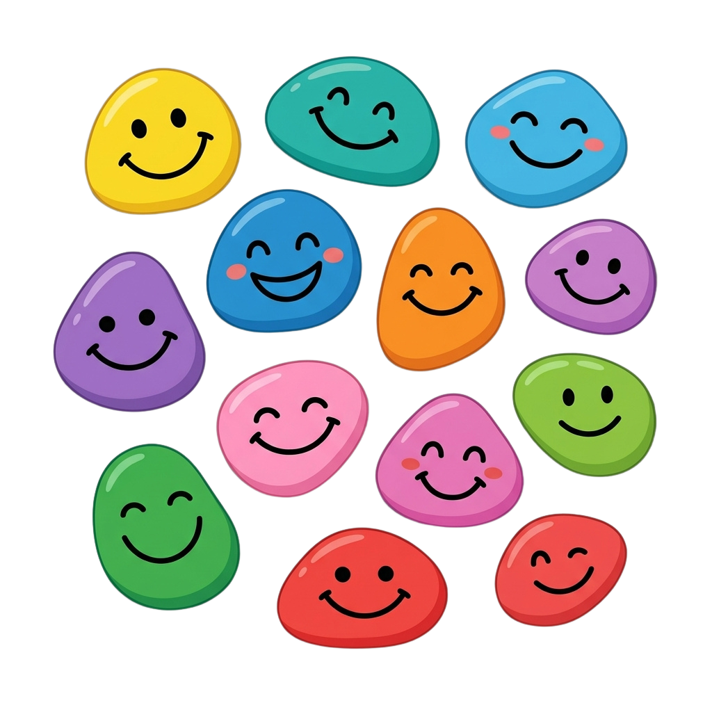 Twelve cheerful smiley faces on colorful eggs arranged in a grid pattern