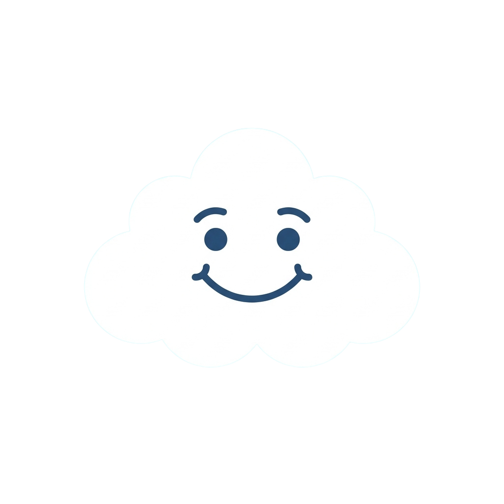 A smiling white cloud with blue eyes and a curved blue mouth on a black background