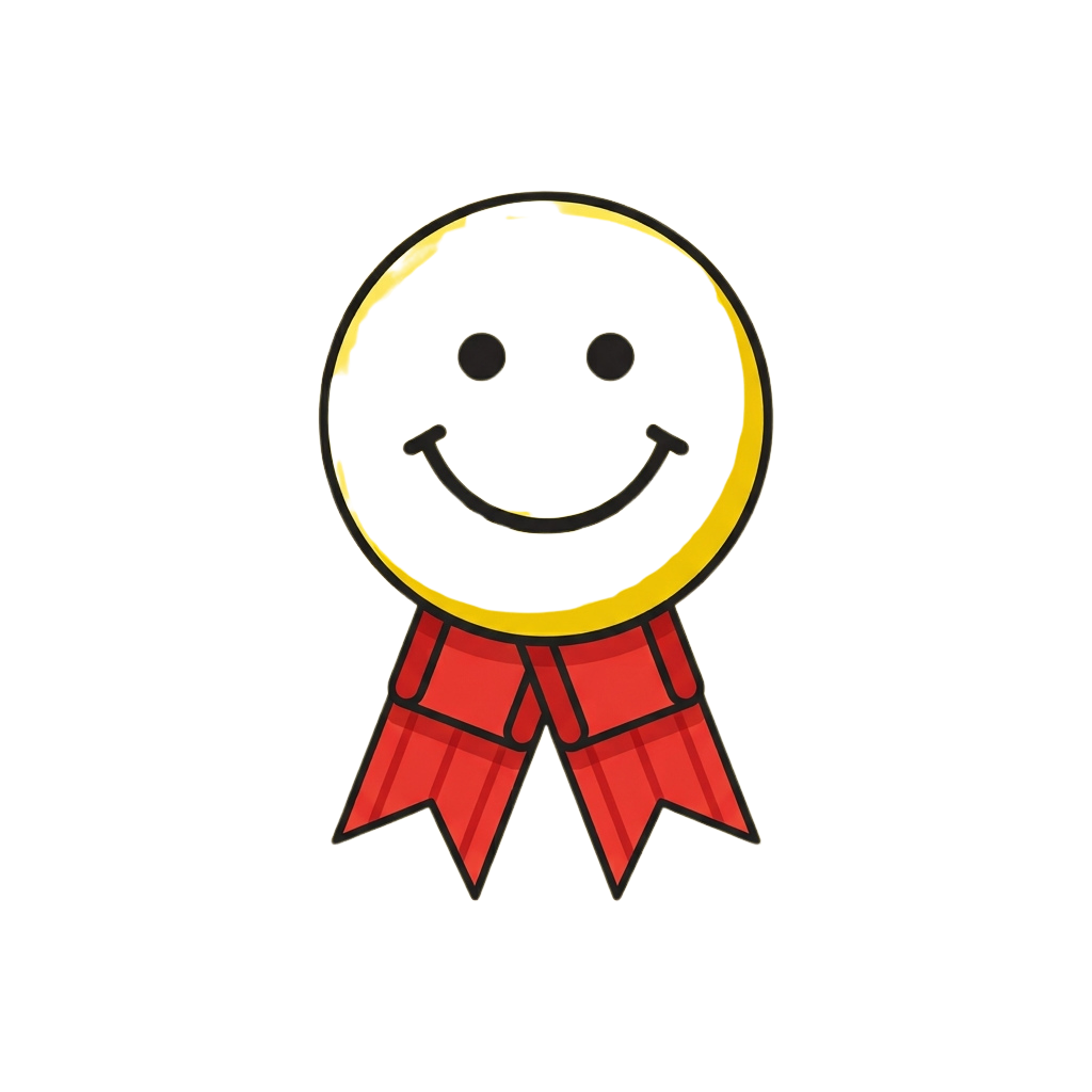 A cheerful yellow smiley face with black eyes and a broad smile on a red ribbon badge
