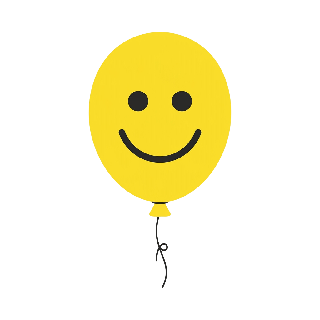 A cheerful yellow smiley face balloon with a broad smile and two black dots for eyes