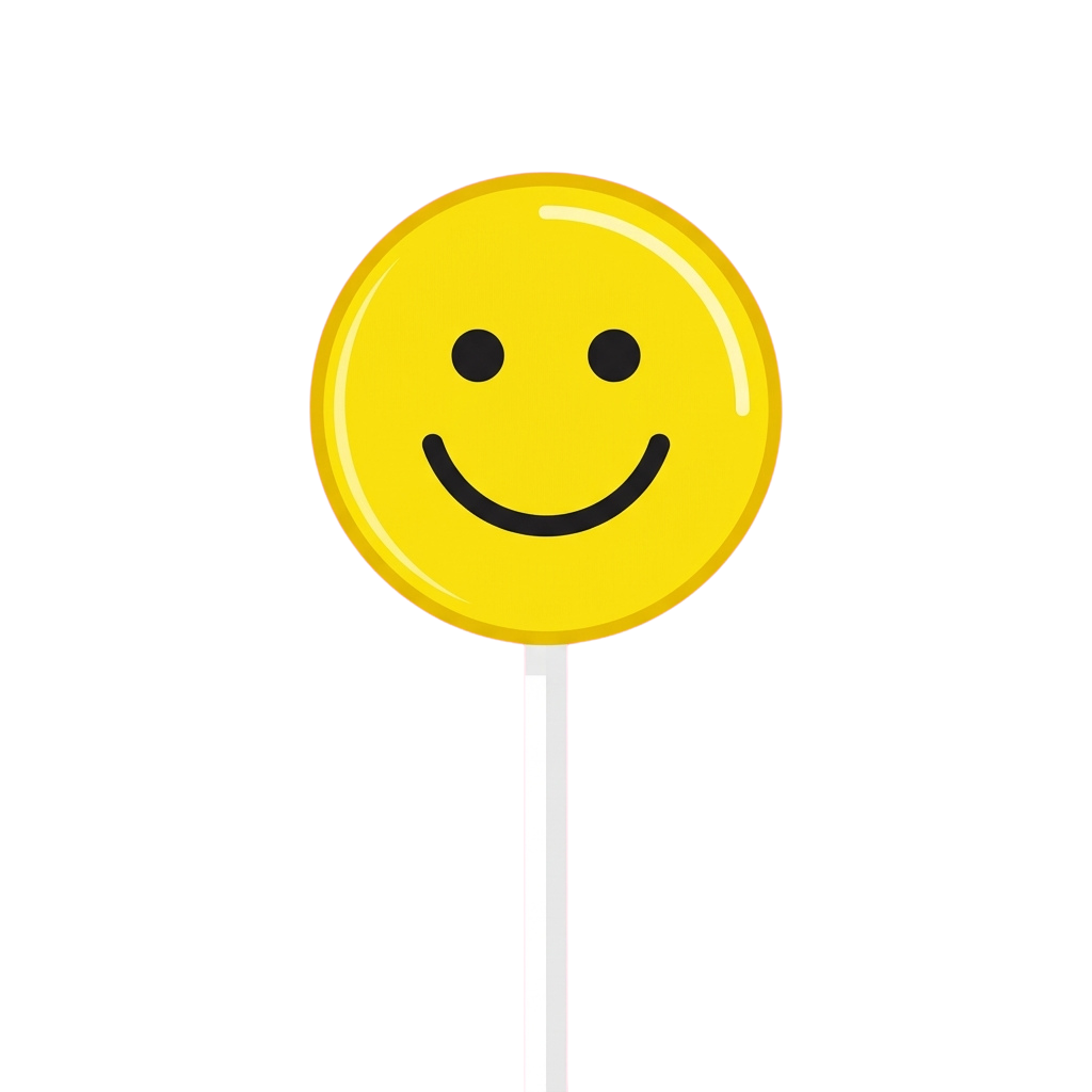 A bright yellow smiley face lollipop on a white stick against a black background