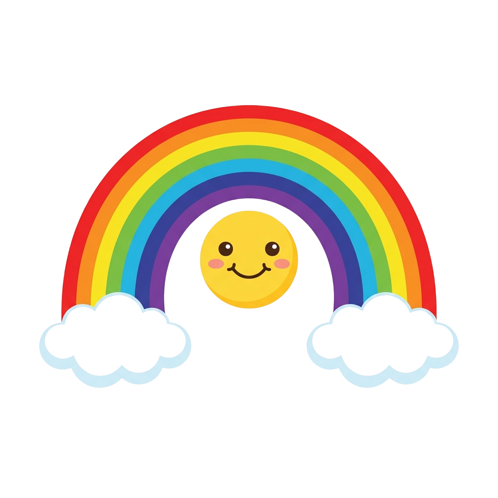 A cheerful yellow sun face smiling inside a vibrant rainbow arch with two black clouds on each side