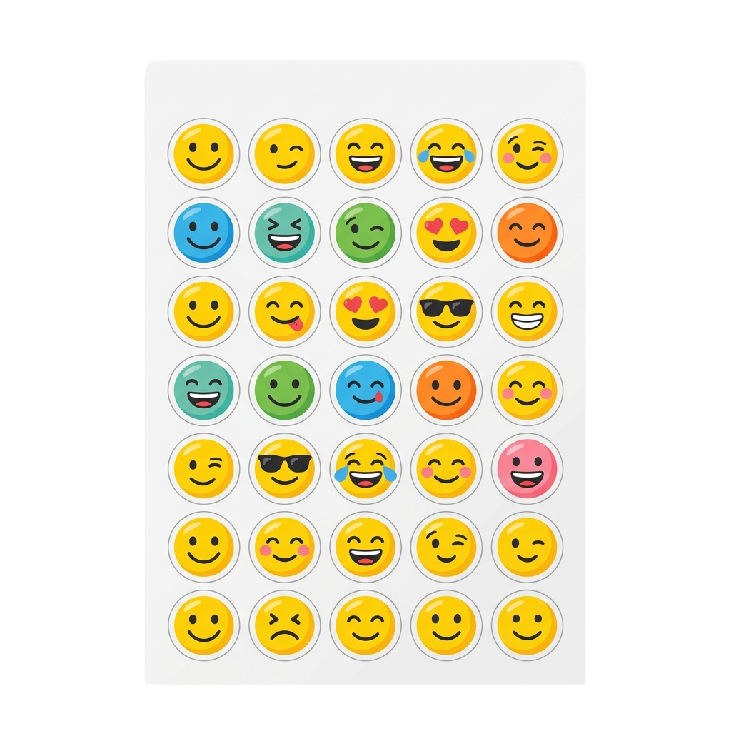 Grid of 30 circular emoji stickers with various facial expressions and skin tones
