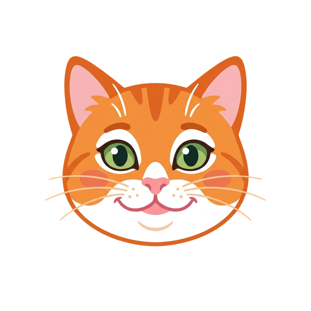 Smiling orange tabby cat with green eyes and pink inner ears facing forward