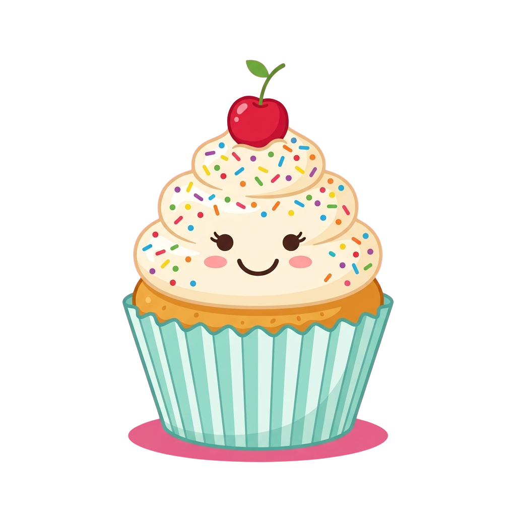 A cheerful cartoon cupcake with a smiley face, colorful sprinkles, and a cherry on top in a light blue wrapper
