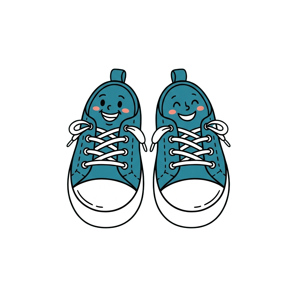 Two smiling cartoon blue sneakers with white soles and laces on black background