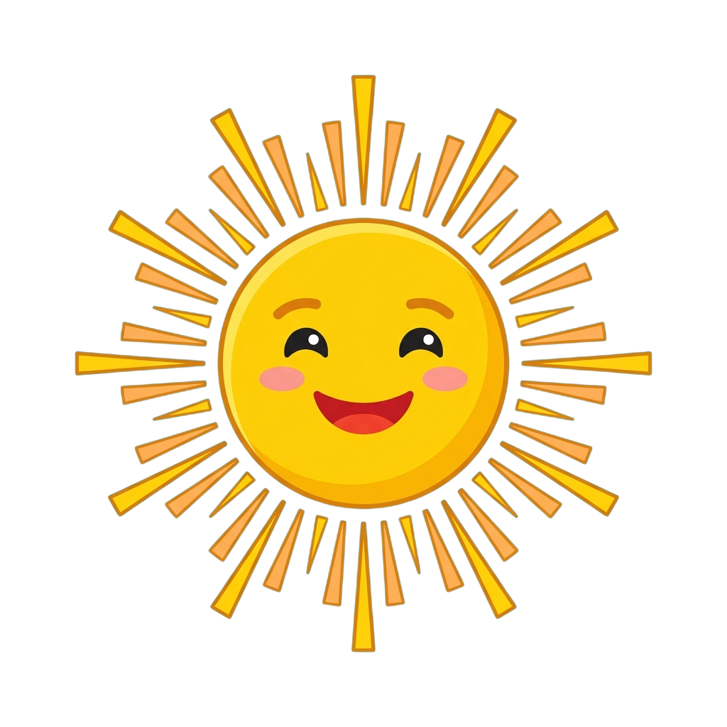 A cheerful cartoon sun with a smiling face and radiating beams