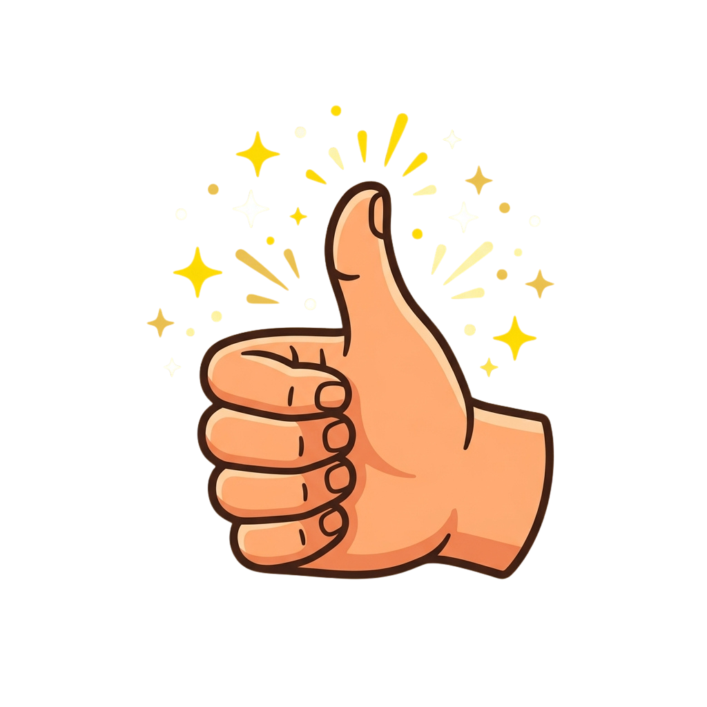 A cartoon hand giving a thumbs-up with yellow and white sparkles radiating around it