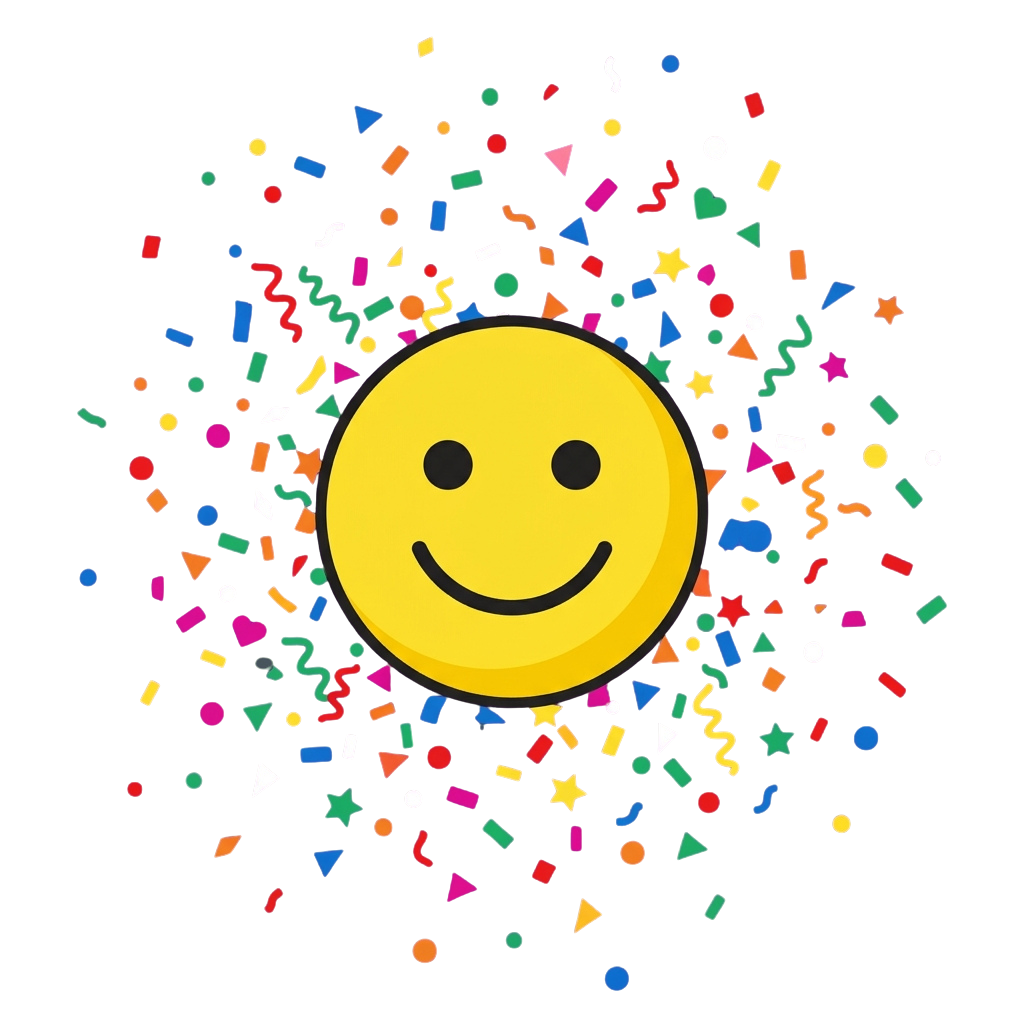 A cheerful yellow smiley face surrounded by colorful confetti against a black background