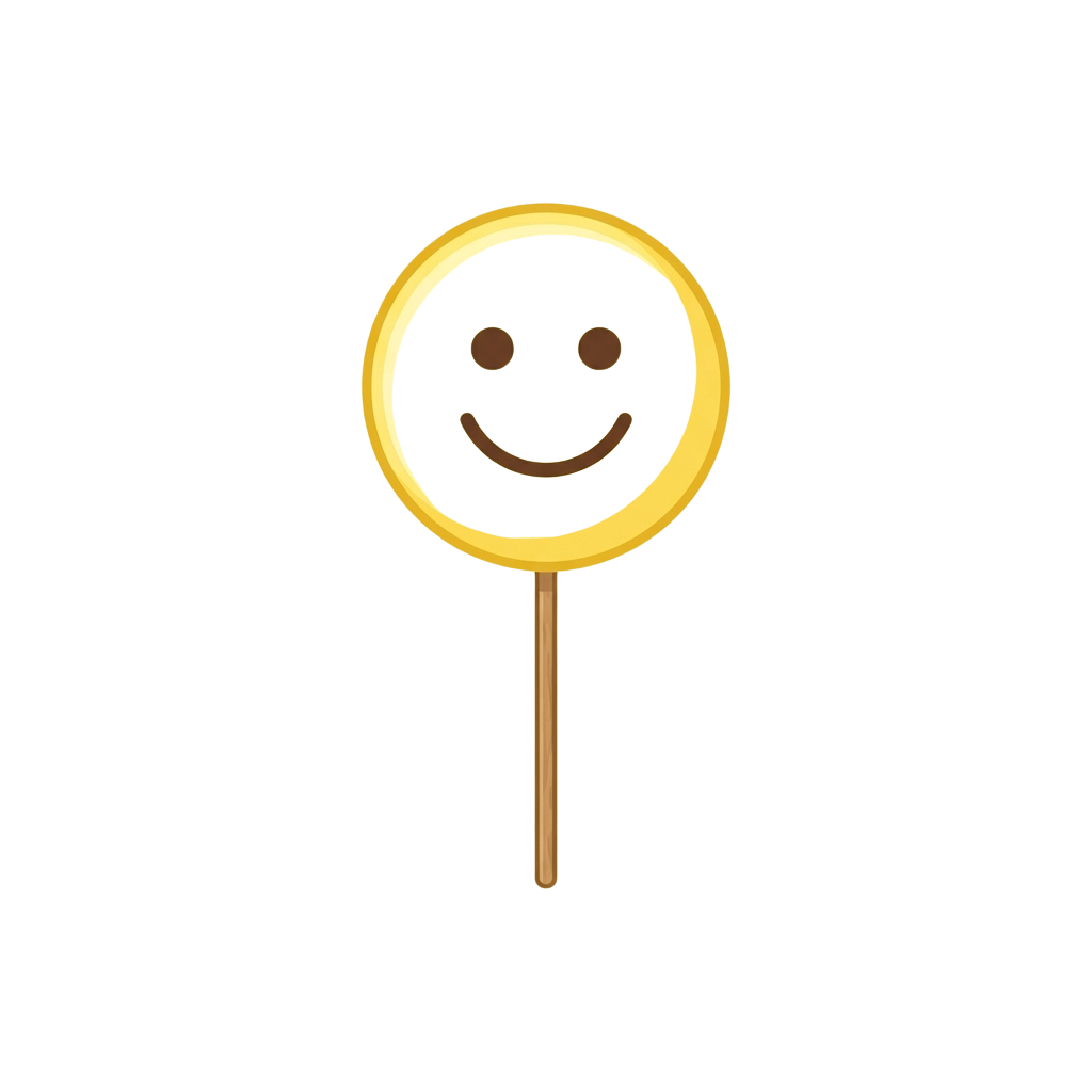 A smiling yellow face on a black background with a golden frame and stick