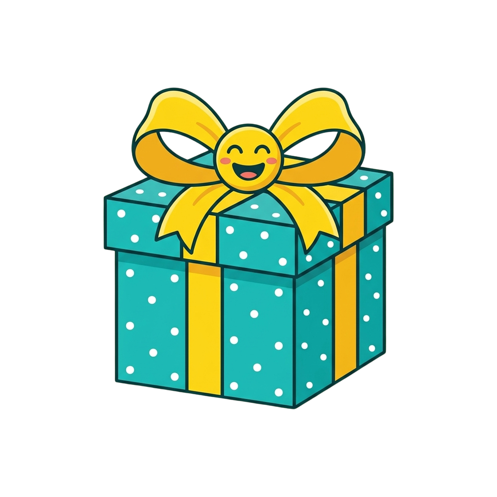 A smiling emoji face on a yellow bow tied around a blue gift box with white dots
