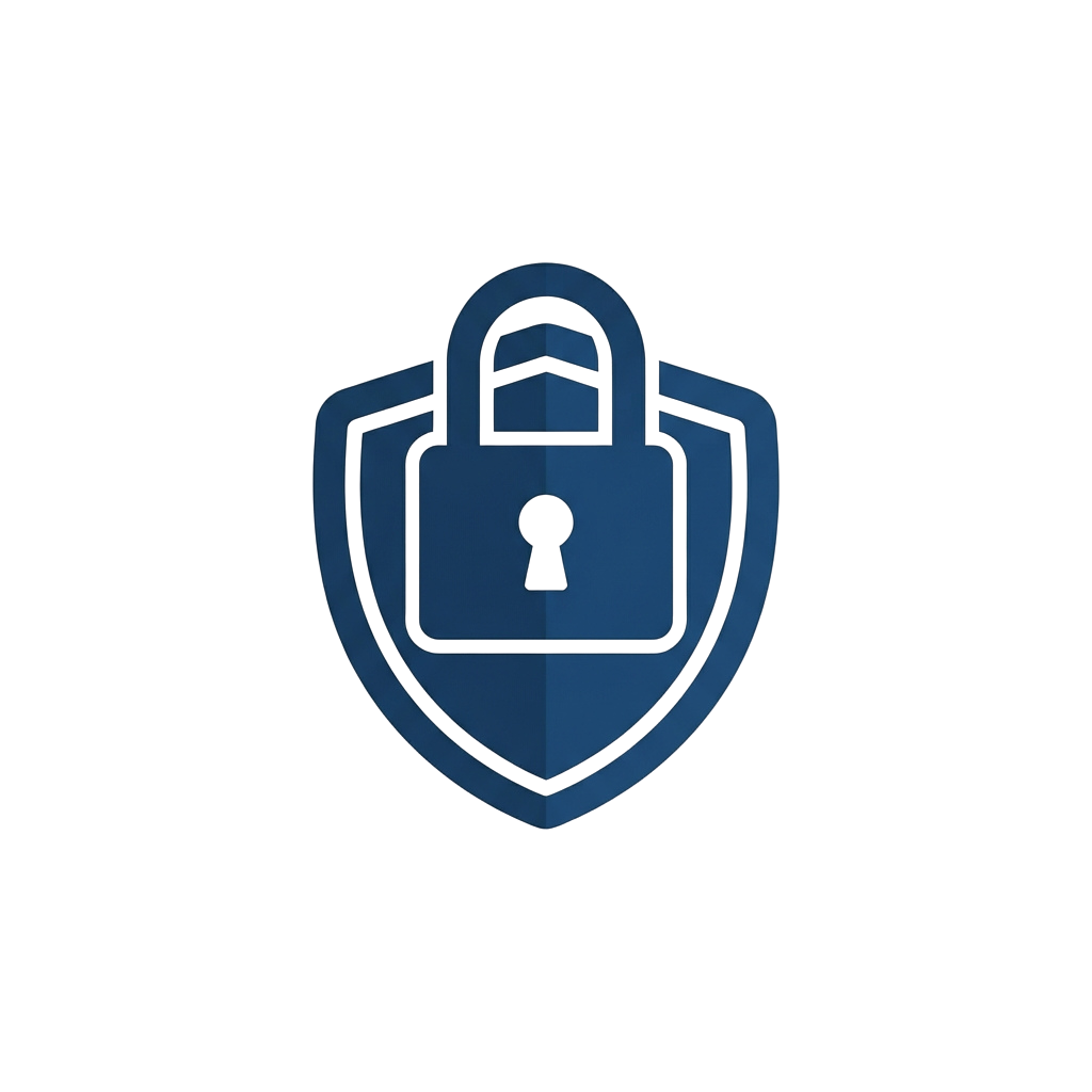 A blue digital shield with a padlock symbol indicating security and protection