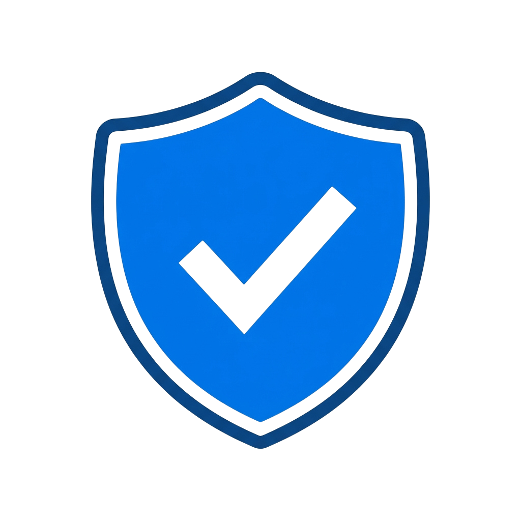 A blue shield with a black checkmark symbolizing security and approval
