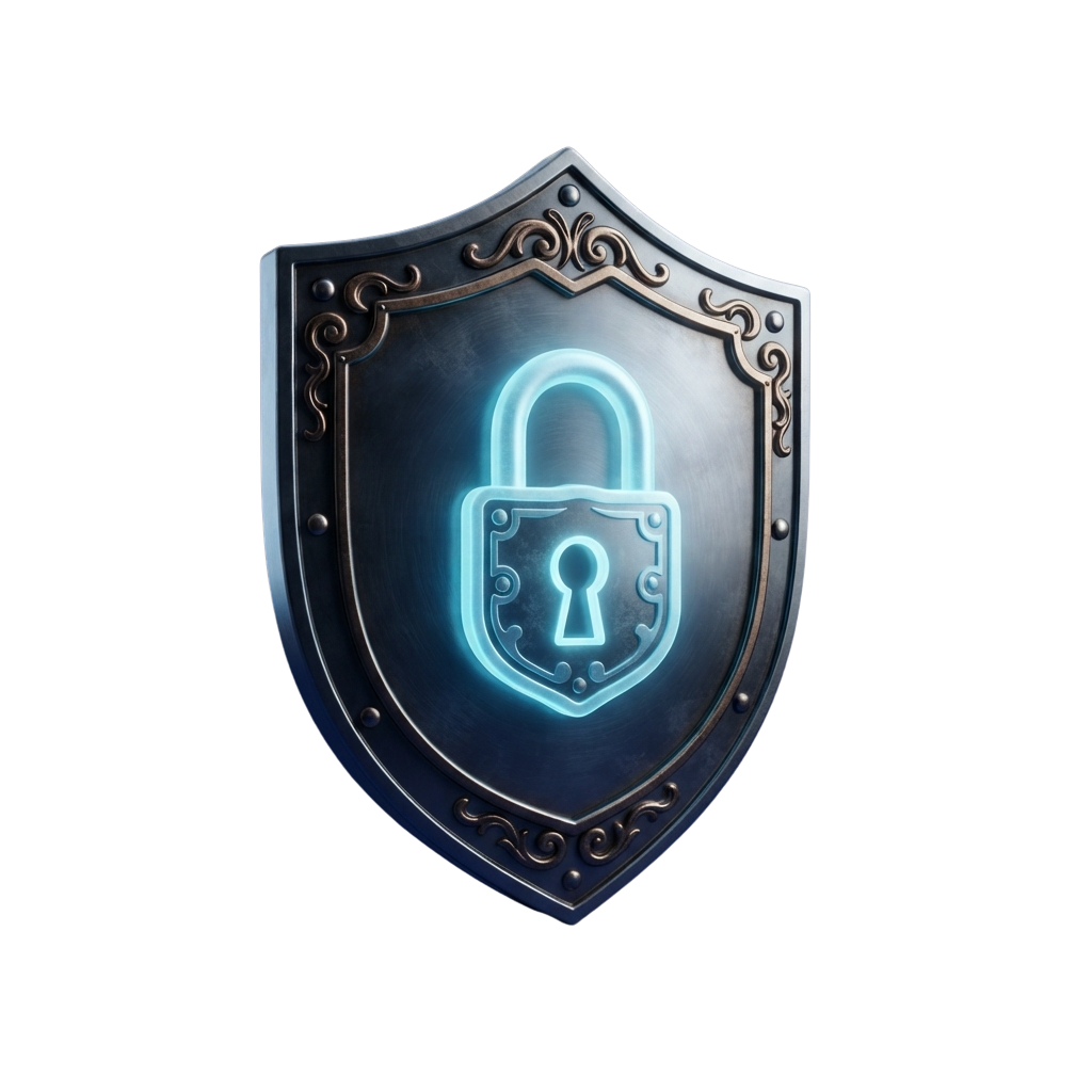A shield with an illuminated padlock symbol representing digital security and protection