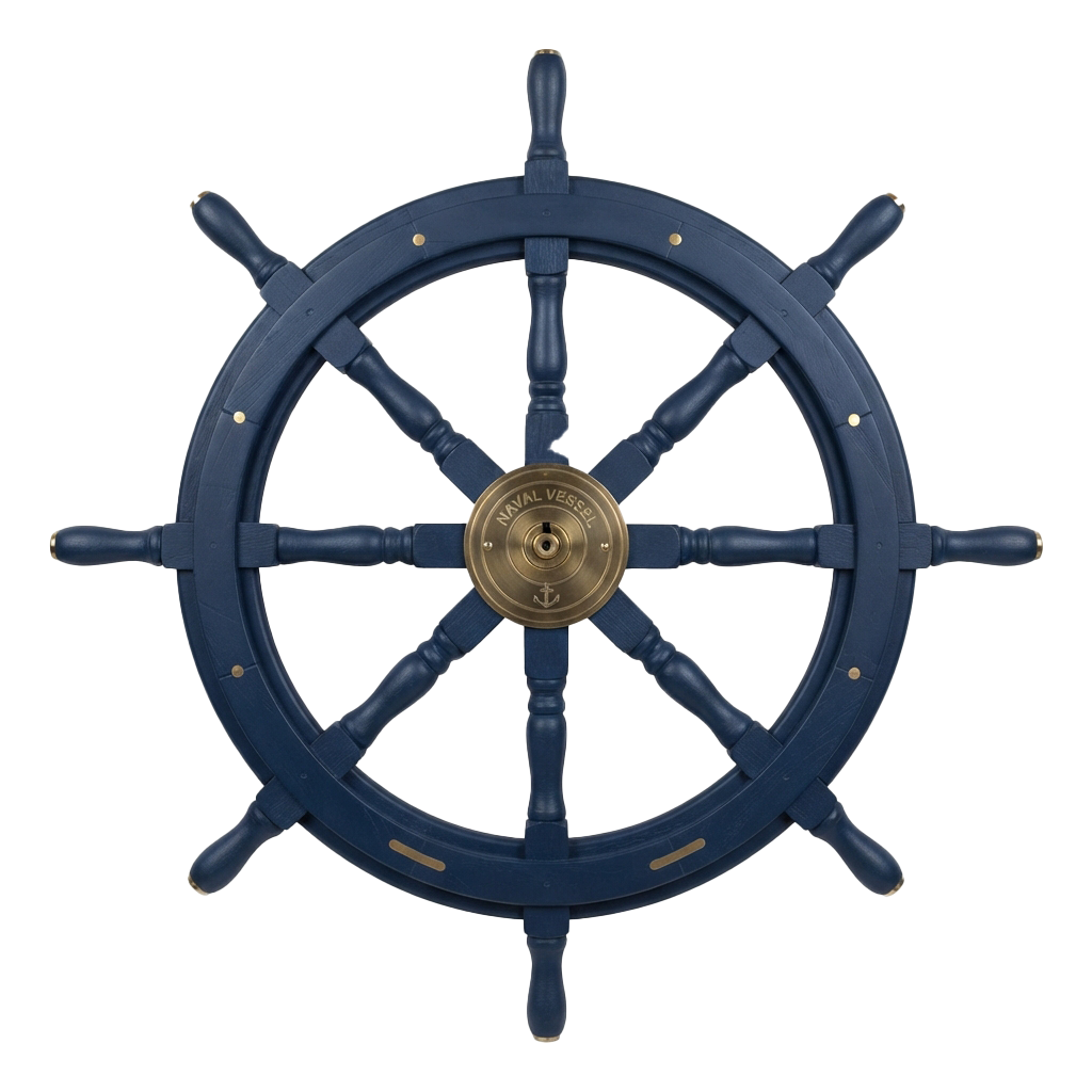 A dark blue ship wheel with a brass center and anchor emblem