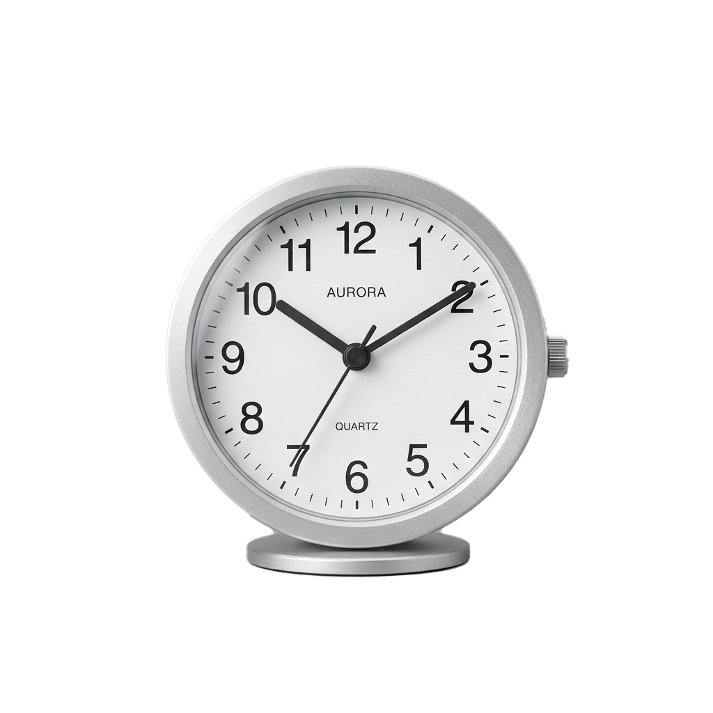 A sleek silver quartz analog clock with black numbers and hands on a white face, standing on a matching metal base.