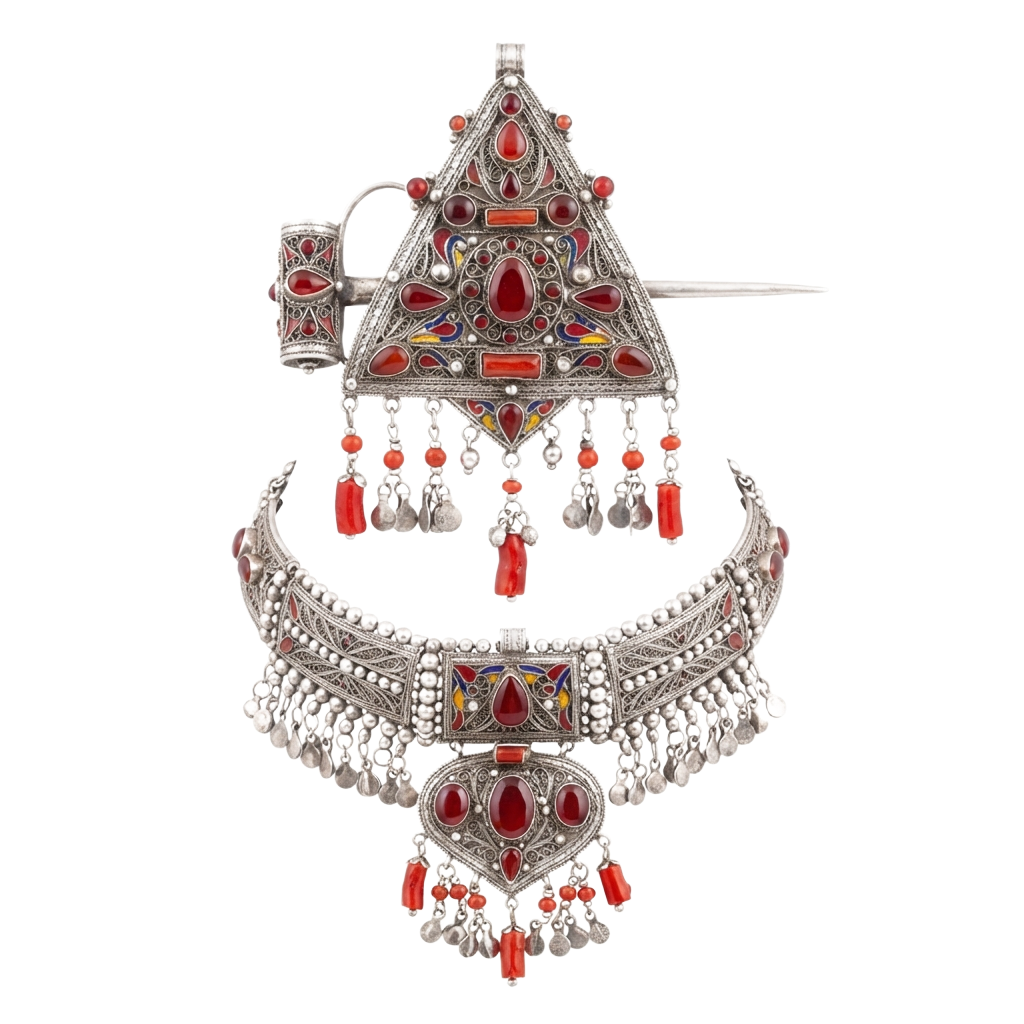 Elaborate silver jewelry set featuring red gemstones and detailed beadwork, including a headpiece, earrings, and necklace.