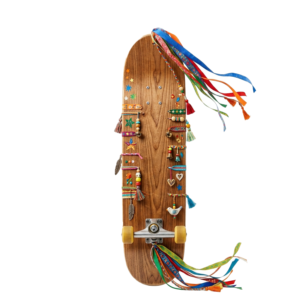 A wooden skateboard mounted vertically as wall art, adorned with colorful tassels, beads, feathers, and decorative charms.