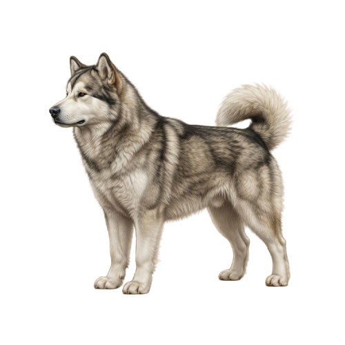 A Siberian Husky dog with thick fur standing upright on a black background