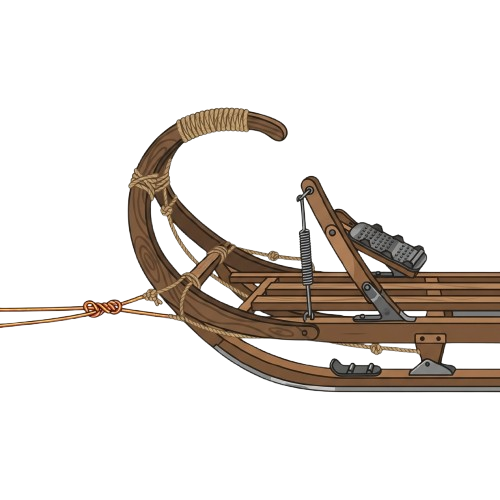 A detailed illustration of a wooden snowshoe with leather straps and metal bindings attached to a boot