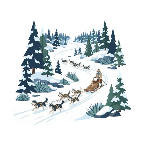 A person riding a sled pulled by six dogs along a winding snowy trail in a winter forest