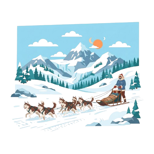 Person riding a dog sled with six dogs through a snowy mountain landscape at sunset