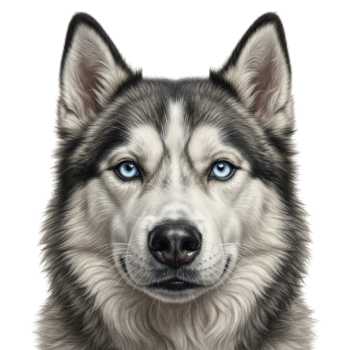 Portrait of a Siberian Husky with striking blue eyes and white and gray fur