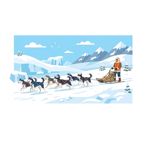 A person driving a dogsled team of eight huskies through a snowy mountain landscape with snow-covered peaks in the background