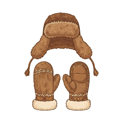 Illustration of a brown fur winter hat with matching mittens featuring white cuffs and braided trim