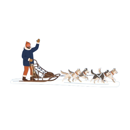 Person in winter gear waving while steering a sled pulled by six running sled dogs on snow.