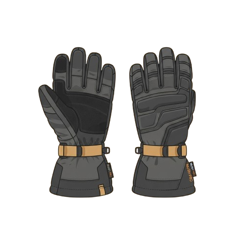 Pair of gray winter gloves featuring adjustable tan wrist straps and padded fingertips.