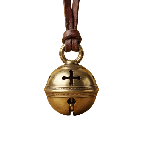 A brass bell with a cross cutout hanging from a brown leather cord against a dark background