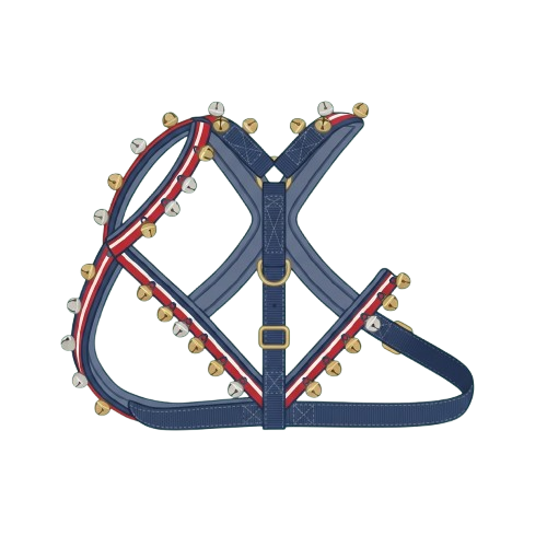 A stylish dog harness featuring blue fabric, red trim, and gold jingle bells on the straps