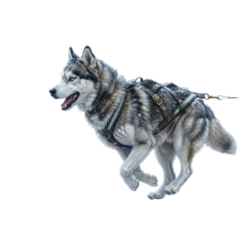A Siberian Husky in mid-run wearing a harness against a black background