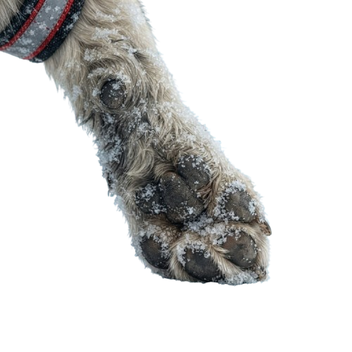 A dog’s paw with snow and ice clinging to the fur and between the toes