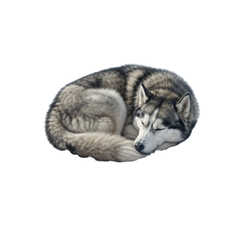 A grey wolf curled up and sleeping with its head resting on its paws.