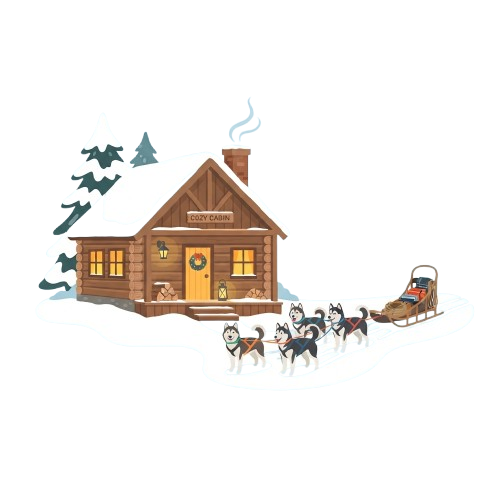 A charming wooden cabin in the snow with a sleigh pulled by huskies and a snowy forest background