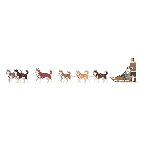 Nine husky dogs pulling a wooden sled with a person riding, set against a black background.
