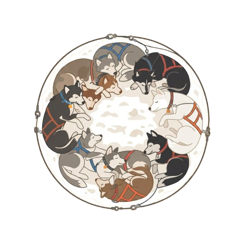 A circular arrangement of stylized dogs with harnesses and collars in various colors against a cloudy background.
