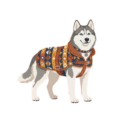 A smiling husky dog standing on four legs, wearing a colorful patterned vest and scarf.