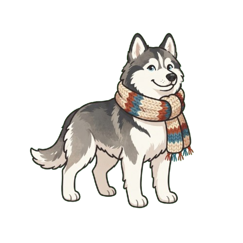A smiling cartoon husky dog wearing a striped knit scarf standing on a plain background