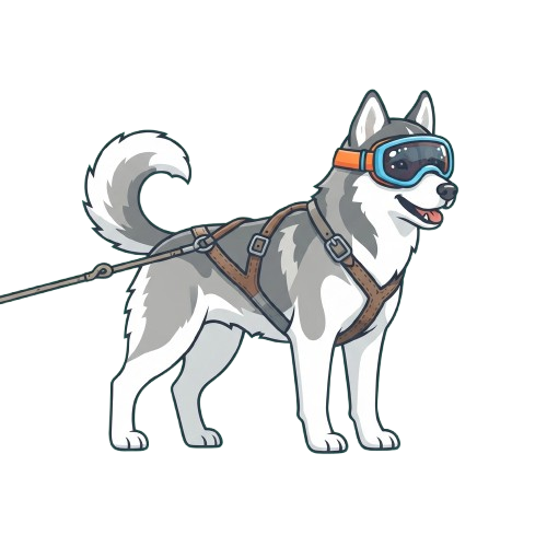 Cartoon husky dog with goggles and a harness on a leash, ready for outdoor activities