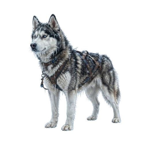 A husky dog wearing a harness stands upright against a dark background.