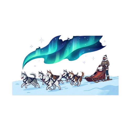 A person riding a sled pulled by six huskies under colorful northern lights in a snowy landscape