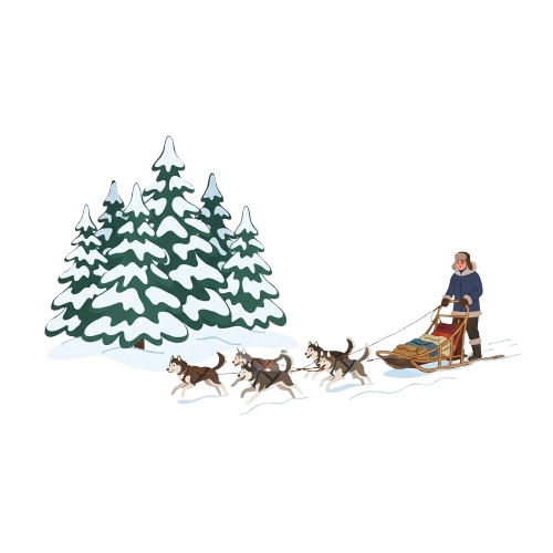 A person riding a sled pulled by three dogs through a snowy forest with a large snow-covered tree