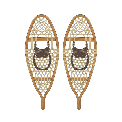 Pair of wooden snowshoes featuring a detailed lattice pattern and leather straps for winter footwear