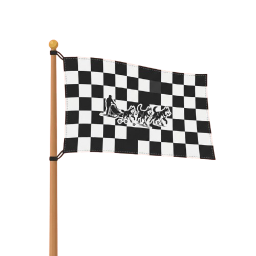 A checkered flag with black and white squares featuring a central emblem, waving on a pole against a dark background